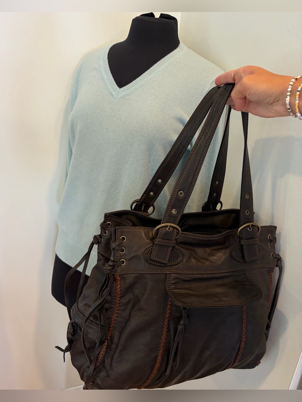 Nicoli Brown italian Leather oversized hobo fringe purse handbag shoulder bag - Picture 13 of 13